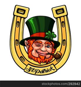 Leprechaun face on Golden Horse Shoe background. St.Patrick's Day Emblem. Vector illustration.