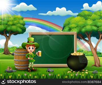 Leprechaun girl with a chalkboard sign with nature background 