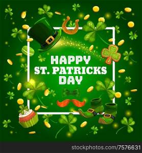 Leprechaun green hat of Patricks Day, gold, shoes and shamrock vector. Lucky horseshoe and clover leaves, orange mustaches, bow tie and golden coins, cupcake and sparkle, Irish holiday greeting. Patricks Day shamrock, leprechaun gold, horseshoe