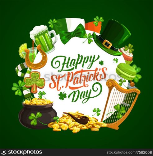 Leprechaun green hat, pot of gold and St Patrick shamrock leaves vector frame of Irish holiday greeting card design. Lucky clover, golden coins of celtic elf treasure, horseshoe and flag of Ireland. Patrick Day Irish shamrock, leprechaun hat, gold