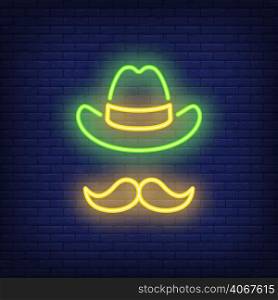 Leprechaun hat and moustaches for St. Patricks Day on brick background. Neon style illustration. Irish culture banner. For festival, holiday, celebration concepts