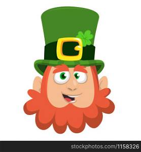 Leprechaun in green hat face. Head with Red beard. Portrait for St. Patricks Day celebration in Ireland