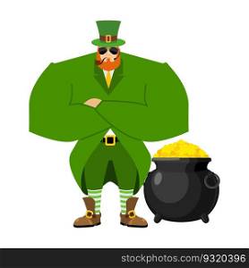 Leprechaun security bodyguard. Dwarf with red beard guarding pot gold coins. Le≥ndary treasures for lucky. St.Patrick ’s Day. Holiday in Ireland