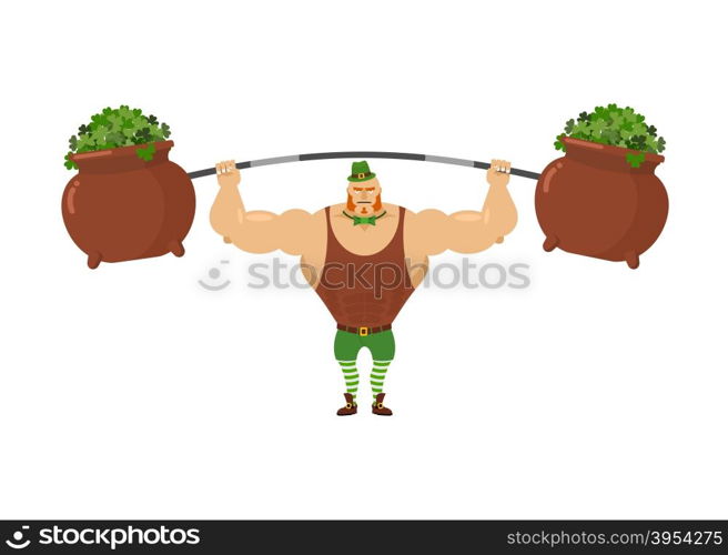 Leprechaun strongman. Powerful leprechaun athlete and rod. Pot with clover. Mythical dwarf Bodybuilder with big muscles. Green Hat Topper and Green bow tie butterfly. Illustration for St. Patrick&rsquo;s day. March 17 national holiday in Ireland&#xA;