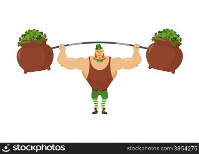 Leprechaun strongman. Powerful leprechaun athlete and rod. Pot with clover. Mythical dwarf Bodybuilder with big muscles. Green Hat Topper and Green bow tie butterfly. Illustration for St. Patrick&rsquo;s day. March 17 national holiday in Ireland&#xA;