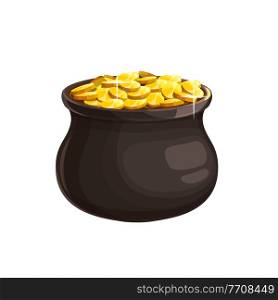 Leprechaun treasury isolated pot of golden coins shiny cartoon cauldron icon. Vector Patricks Day holiday symbol. Copper pot full of golden coins, money of fortune and luck. Iron pot, symbol of wealth. Pot of golden coins isolated Patricks Day icon