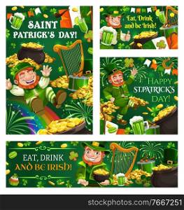 Leprechaun tricks and pranks on St. Patricks Day and Irish religion holiday symbols. Vector flag of Ireland, dwarf playing harp, bearded man having fun. Fireworks, mugs of beer and lucky horseshoe. Pranks and tricks of leprechaun, St. Patricks day