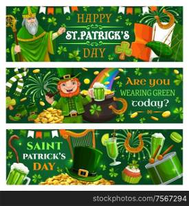 Leprechaun wearing green suit wishing happy St. Patricks day. Vector Irish spring holiday leaflets with Saint Patrick, lettering and fest symbols. Food and drinks, drum and stick, mug of beer. Saint Patricks day, Leprechauns treasures and beer