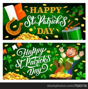 Leprechaun with pot of gold vector banners of St Patricks Day Irish holiday. Lucky clover or shamrock green leaves, golden horseshoe and coins, flag of Ireland and treasure rainbow with cauldron. Patricks Day holiday leprechaun, gold, clover