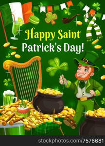 Leprechaun with shamrock clover and gold coins, Happy Saint Patricks day. Irish holiday, Ireland flag with bagpipes, drum and green ale beer mug, scarf and golden harp. Patricks day leprechaun with gold and bagpipes