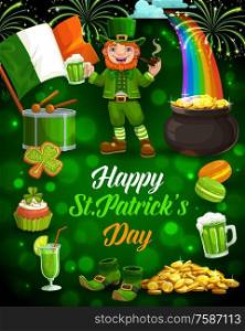 Leprechaun with St Patricks Day green beer, shamrock and gold pot vector greeting card. Irish elf, green hat and golden coins, treasure cauldron on rainbow, flag of Ireland, fireworks and drum. Leprechaun, beer, gold, Irish flag. Patricks Day