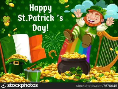 Leprechauns shenanigans, Patricks day celebration. Vector gnome having fun on rainbow, harp and pot with coins, rain of gold and fireworks. Flag of Ireland, lucky horseshoe, shamrock leaves. Shenanigans of leprechaun, Patricks day symbols