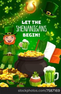 Leprechauns shenanigans, Saint Patricks day celebration. Vector bearded gnome with beer and smoking pipe, pot of gold, national flag of Ireland. Spring fest Irish party, shamrock and lucky horseshoe. St. Patricks day symbols shenanigans of leprechaun