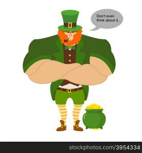 Leprkeon and gold. Serious Powerful leprechaun protects pot full of gold coins. Strong midget leprechaun crossed on chest hands. big Red Beard and pipe. Green frock coat and gaiters striped dresses. Don&rsquo;t even think about it. St. Patrick&rsquo;s day holiday in Ireland&#xA;