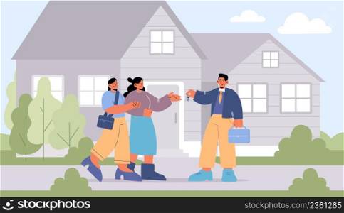 Lesbian couple buy new house, agent giving cottage keys to female characters holding hands. Homosexual family buying real estate property, mortgage loan or home purchase Line art vector illustration. Lesbian couple buy new house, agent giving keys