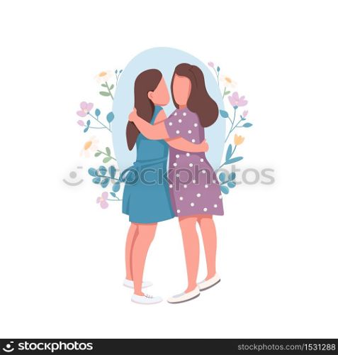 Lesbian couple flat concept vector illustration. Two mone hug each other. Romantic relationship between woman. Gay pride 2D cartoon characters for web design. Homosexual relationship creative idea. Lesbian couple flat concept vector illustration