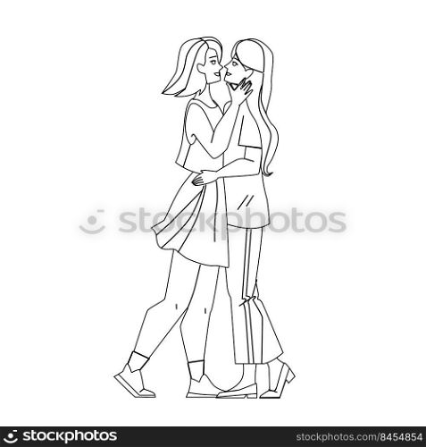 Lesbian Couple Kiss And Embrace Together Vector. Girls Lesbian Couple Kissing And Embracing Togetherness With Love. Characters Ladies Partnership And Relationship black line illustration. Lesbian Couple Kiss And Embrace Together Vector