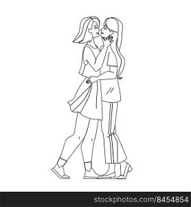 Lesbian Couple Kiss And Embrace Together Vector. Girls Lesbian Couple Kissing And Embracing Togetherness With Love. Characters Ladies Partnership And Relationship black line illustration. Lesbian Couple Kiss And Embrace Together Vector