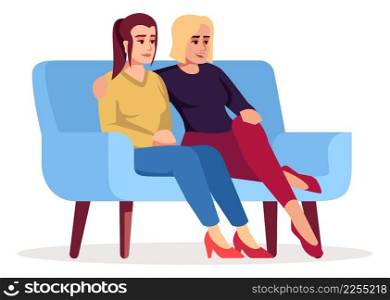 Lesbian couple sitting on sofa semi flat RGB color vector illustration. Bonding with partner. Women visiting psychologist consultation meeting isolated cartoon characters on white background. Lesbian couple sitting on sofa semi flat RGB color vector illustration