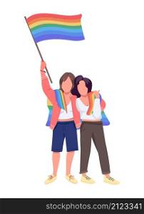 Lesbian couple with rainbow flag semi flat color vector characters. Active figures. Full body people on white. Gay rights isolated modern cartoon style illustration for graphic design and animation. Lesbian couple with rainbow flag semi flat color vector characters