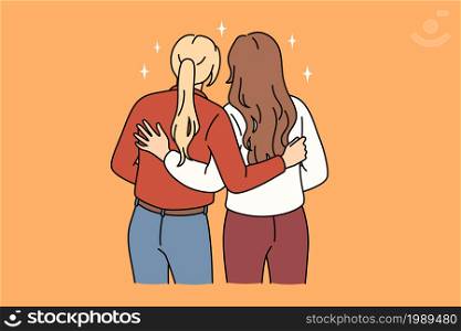Lesbian love and homosexual couple concept. Two girls standing and embracing each other feeling loving couple vector illustration . Lesbian love and homosexual couple concept