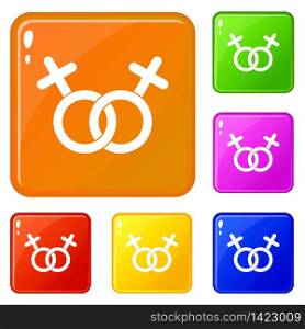 Lesbian love sign icons set collection vector 6 color isolated on white background. Lesbian love sign icons set vector color