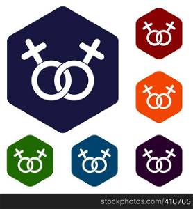 Lesbian love sign icons set rhombus in different colors isolated on white background. Lesbian love sign icons set
