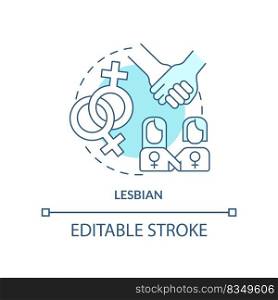 Lesbian turquoise concept icon. Female same sex partners. Identity. LGBT member abstract idea thin line illustration. Isolated outline drawing. Editable stroke. Arial, Myriad Pro-Bold fonts used. Lesbian turquoise concept icon