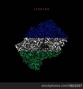 Lesotho flag map, chaotic particles pattern in the colors of the Kingdom of Lesotho flag. Vector illustration isolated on black background.. Lesotho flag map, chaotic particles pattern in the Kingdom of Lesotho flag colors. Vector illustration