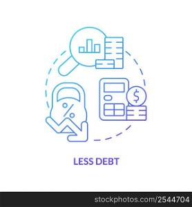 Less debt blue gradient concept icon. Deficit and shortage accumulation. Balanced budget requirement abstract idea thin line illustration. Isolated outline drawing. Myriad Pro-Bold font used. Less debt blue gradient concept icon