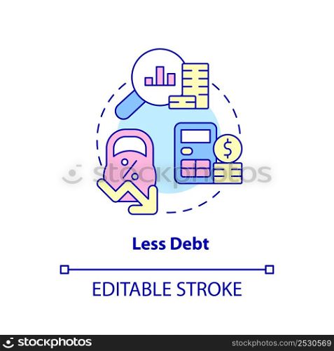 Less debt concept icon. Deficit accumulation. Balanced budget requirement abstract idea thin line illustration. Isolated outline drawing. Editable stroke. Arial, Myriad Pro-Bold fonts used. Less debt concept icon