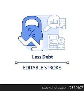 Less debt light blue concept icon. Deficit accumulation. Balanced budget requirement abstract idea thin line illustration. Isolated outline drawing. Editable stroke. Arial, Myriad Pro-Bold fonts used. Less debt light blue concept icon