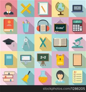 Lesson icons set. Flat set of lesson vector icons for web design. Lesson icons set, flat style
