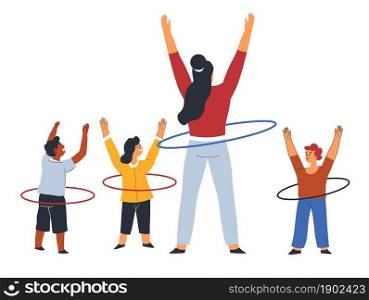 Lesson of physical education, teacher showing moves to children. Female character with hula hoop stretching hands up. PE classes for preschoolers or kindergarten establishment. Vector in flat style. Teacher and children with hulahoop at PE lesson