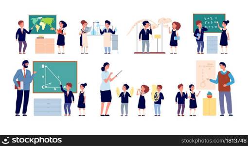 Lesson with teacher. Children classroom, happy school teaching. Cute kids group blackboard, isolated music pupils vector illustration. Music geometry and physics classroom, kindergarten class lesson. Lesson with teacher. Children classroom, happy school teaching. Cute kids group stand blackboard, isolated music pupils vector illustration