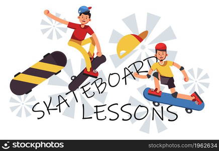 Lessons and classes learning how to skateboard. Courses with specialist coach, teens and preteens hobby and sports activity for development and improvement. Vector in flat style illustration. Skateboard lessons for teens and adults vector