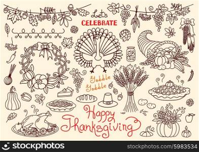 Let&amp;#39;s celebrate Happy Thanksgiving doodles set. Traditional symbols - thanksgiving turkey, pumpkin pie, corn, cornucopia, wheat. Freehand vector drawings collection isolated.