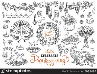 Let&amp;#39;s celebrate Thanksgiving Day doodles set. Traditional symbols - thanksgiving turkey, pumpkin pie, corn, cornucopia, wheat. Freehand vector drawings collection isolated.