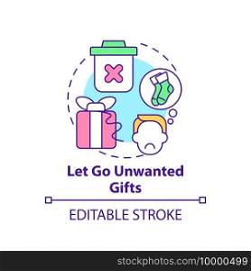 Let go unwanted gifts concept icon. Declutter and minimize trash in house idea thin line illustration. Joy of belonging things. Vector isolated outline RGB color drawing. Editable stroke. Let go unwanted gifts concept icon