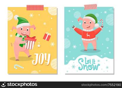 Let it snow and joy postcard, piglet New Year symbol with gift box. Pig in red sweater with reindeer and green hat wishing Merry Christmas vector on snowflakes. Let it Snow and Joy Postcard, Pig New Year Symbol
