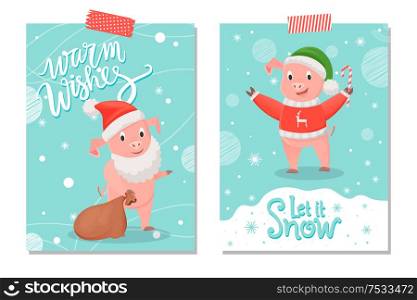 Let it snow and warm wishes postcards, pig in red sweater with reindeer, green hat and candy stick on background of snowflakes. Greeting card with lettering. Let it Snow and Warm Wishes Postcards, Pig Animal
