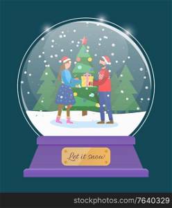 Let it snow, glass bauble with snowing weather. Man and woman couple exchanging gifts on christmas holidays. Xmas snow globe toy. Snowfall in winter landscape cheerful pair flat style vector. Let it Snow Snow Globe with Couple Giving Gift