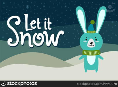 Let it snow hare dressed in warm knitted clothes hat with bubo and scarf. Vector illustration wild beast on winter landscape background and snowflakes. Let it Snow Hare Dressed in Warm Knitted Clothes