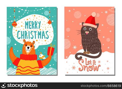 Let it snow Merry Christmas posters with hand drawn cat in Santa Claus hat sitting on snow and bear with present box vector illustration cute animals. Let it Snow Poster with Bear Gift Box Cat in Hat