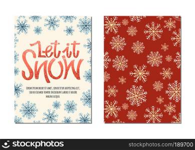 Let it snow vector hand drawn lettering. Christmas retro card with with frame of snowflakes and place for text