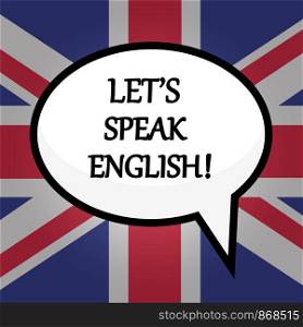 Let's speak English! education concept over British flag, stock vector illustration