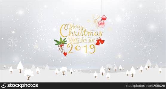 Let?s it snow! Merry Christmas and Happy New Year 2019 illustration calligraphic and Xmas ornaments with winter snow, snowflakes background. Vector illustration.