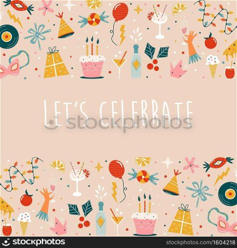 Lets celebrate holiday banner with colorful frame, border. and decorative festive elements.. Lets celebrate holiday banner with colorful frame, border.