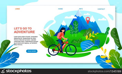 Lets Go Adventure on Mountain Bike Landing Page. Cartoon Woman Tourist Riding Bicycle. Highlands and Valley Landscape. Active Summer Vacation and Rest on Weekend. Vector Flat Illustration. Lets Go Adventure on Mountain Bike Landing Page