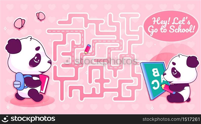 Lets go to school labyrinth with cartoon character template. Animal with backpack find path maze with solution for educational kids game. Studying cute little panda printable flat vector layout